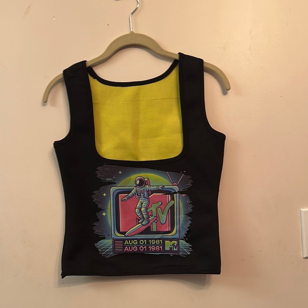 MTV Retro Neon Tank – Neoprene Crop Top, Space Astronaut Graphic, Size S/M